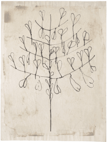 Disegno su carta chiara che raffigura una struttura ad albero stilizzato, con un fusto sottile e rami orizzontali da cui pendono forme a doppia goccia o cuori allungati, distribuiti in cerchi concentrici.