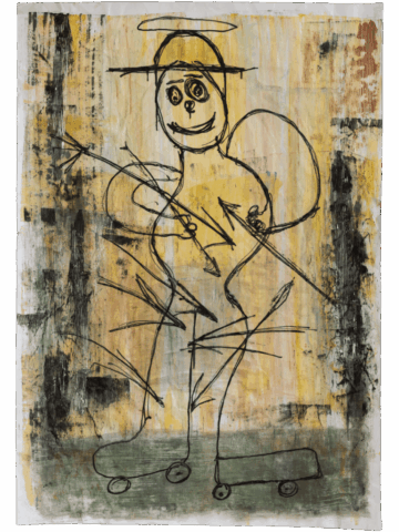 Dipinto su fondo giallo-ocra e verde con una figura stilizzata che sorride, dotata di aureola e grandi ali, in equilibrio su due carrelli a rotelle e trafitta da numerose frecce nere.