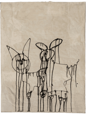 Disegno su carta chiara con tre figure animali stilizzate, simili a cani o capre, tracciate in nero con linee colanti e teste grandi, una delle quali racchiusa in un cerchio come un volto sorridente.