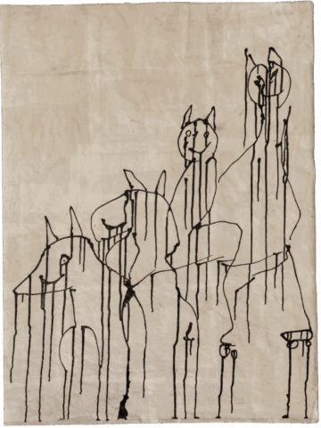 Disegno su carta chiara con una fila di figure animali stilizzate, simili a cani o lupi dal muso allungato, tracciate in nero con linee colanti verticali e due volti tondi umanizzati nella parte alta.