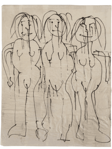 Disegno su carta chiara con tre figure femminili nude affiancate, tracciate in nero a linea continua e colante, dai volti sorridenti e capelli sciolti che scendono ai lati del viso.