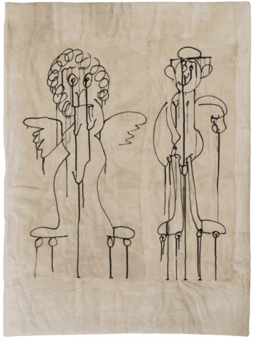 Disegno su carta chiara con due figure stilizzate affiancate, una sorta di angelo dai capelli ricci e ali aperte e un personaggio con cappello e bastone, entrambi retti su lunghi sostegni a colonna.