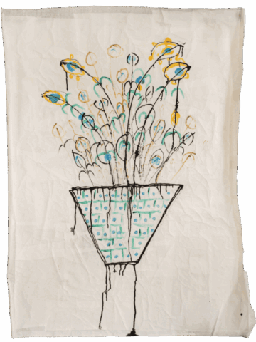 Disegno colorato su carta chiara raffigurante un grande vaso triangolare azzurro, decorato da piccoli segni geometrici, da cui si alza un esplosivo bouquet di steli neri con forme circolari e petali gialli e turchesi.