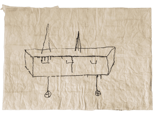 Disegno su carta chiara raffigurante una lunga bara o carro su ruote, vista di profilo, con tre maniglie frontali e due elementi verticali appuntiti che si alzano dal piano superiore.