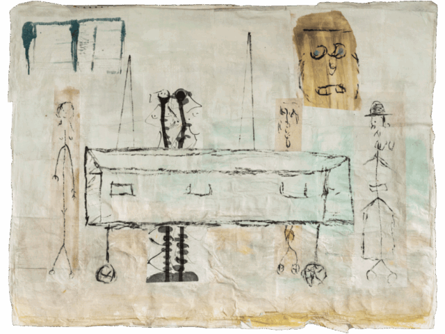 Dipinto su carta chiara con un grande tavolo-bara centrale su ruote, sopra cui sporgono due figure nude stilizzate, circondato da personaggi scheletrici e volti sospesi su uno sfondo biancoverde.