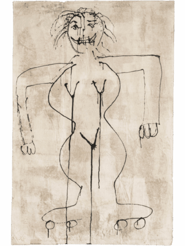 Grande figura femminile nuda disegnata in nero su fondo beige, con corpo sinuoso frontale, braccia aperte e pugni chiusi, sesso esplicitamente segnato e volto scomposto in un sorriso aggressivo, dai capelli scompigliati.