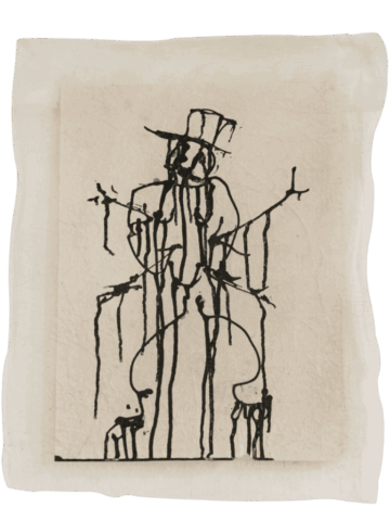 Disegno in nero su carta chiara che raffigura una figura scheletrica con cappello a cilindro seduta o fusa con un grande contrabbasso stilizzato, da cui scendono colature verticali di inchiostro.