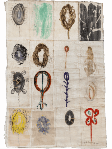 Grande foglio con dodici piccoli riquadri, ognuno contenente una forma colorata diversa che ricorda vulve, fiori o totem fallici stilizzati, disposti come un erbario erotico su carta chiara.
