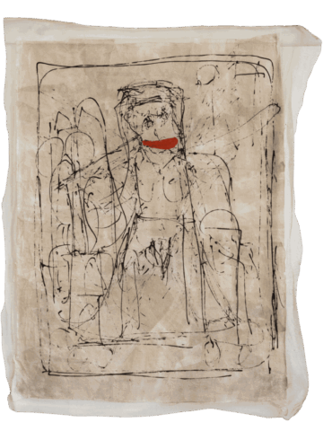 Disegno su carta beige con una figura femminile seduta frontalmente, dal volto inciso e grandi labbra rosso acceso, racchiusa in una sorta di cornice rettangolare tracciata in nero.
