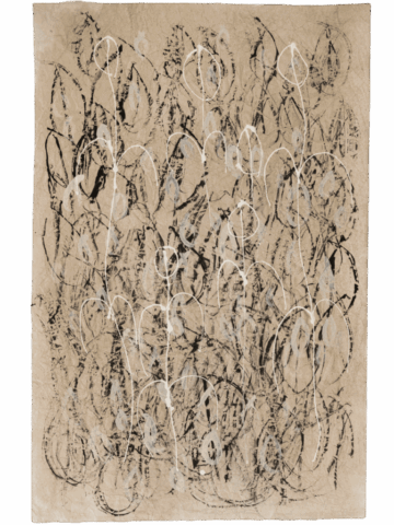 Composizione astratta su carta beige, interamente ricoperta da una trama fitta di forme ovoidali e archi sovrapposti in nero e bianco, che creano un intreccio verticale simile a un campo di steli o vulve stilizzate ripetute.