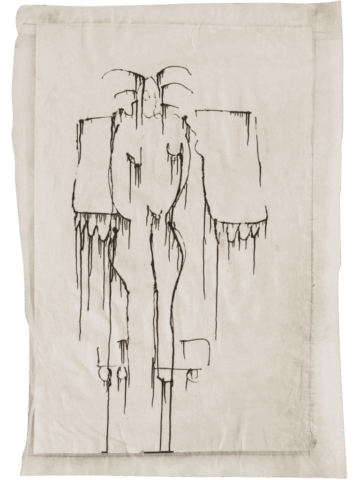 Disegno in nero su grande foglio bianco che raffigura una figura femminile nuda frontale, alta e sottile, con piccole corna o tentacoli sulla testa, affiancata da due grandi blocchi rettangolari e da colature verticali che scendono fino al margine inferiore.