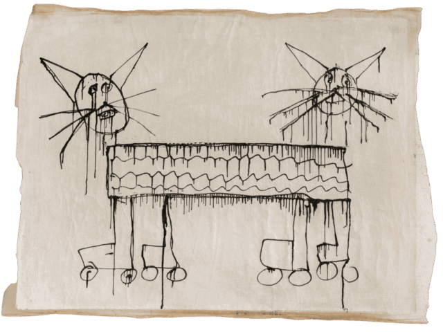Disegno su carta chiara con due grandi teste di gatto stilizzate ai lati, baffi lunghissimi e occhi colanti, collegate a un lungo corpo rettangolare centrale decorato da onde, sorretto da quattro zampe squadrate su ruote.