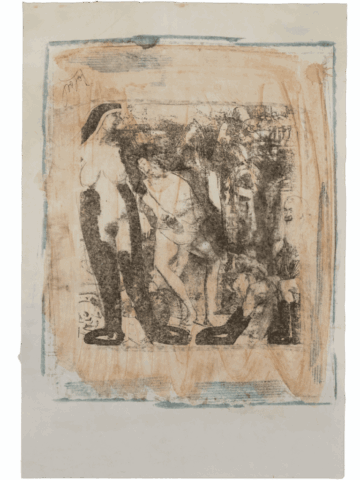 Stampa su carta con figure umane sfocate e sovrapposte, in toni seppia e grigio, circondate da velature azzurre e ocra.