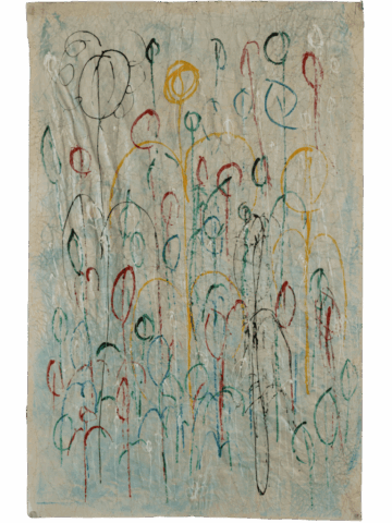Disegno astratto su carta stropicciata con linee colorate che evocano fiori e steli su fondo azzurro chiaro.