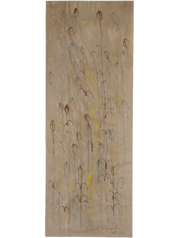 Opera su carta beige allungata in verticale con sottili steli color marrone, azzurro e bianco che terminano in piccole forme ovali stilizzate, intervallati da brevi tocchi di giallo acceso.