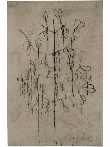 Disegno astratto su carta beige con segni neri colanti che formano strutture verticali e piccole forme a cuore o farfalla.