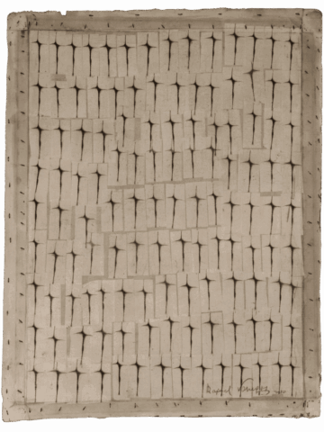 Grande superficie tessile chiara ricoperta da un fitto pattern di piccoli rettangoli imbottiti o cuciti, affiancati in orizzontale e verticale come mattoni morbidi, con sottili ombreggiature scure nelle giunture.