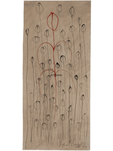 Disegno lineare su carta beige con lunghe aste verticali e piccole forme ovali che evocano boccioli, al centro una figura astratta rossa più grande.