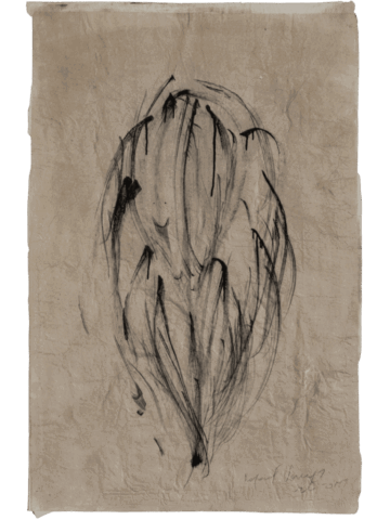 Disegno astratto a carboncino su carta beige spiegazzata, con una forma centrale ovale composta da tratti neri curvi e sovrapposti che ricordano un fiore o una figura raccolta.
