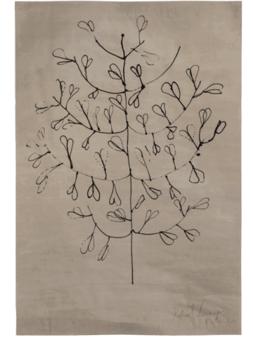 Disegno lineare di un albero stilizzato nero su fondo beige uniforme, con rami arcuati e molte piccole foglie a forma di cuore distribuite in modo armonico.