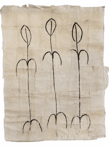 Foglio chiaro con tre figure nere stilizzate allineate, costituite da steli verticali che terminano in forme ovali fendute simili a vulve e, in basso, da tre archi doppi che ricordano glutei o radici.