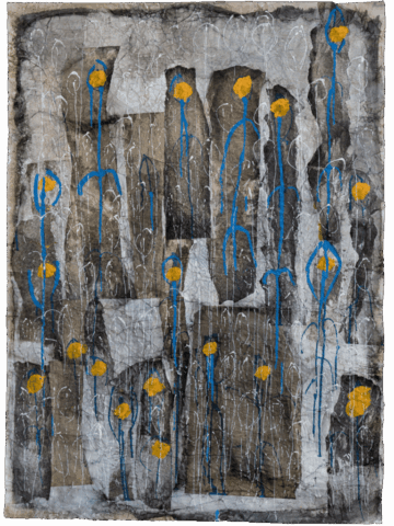 Superficie stratificata in toni grigi e bruni con numerosi steli blu verticali che terminano in piccoli cerchi gialli, simili a fiori o glandi, sovrapposti a un fitto disegno bianco di vulve stilizzate.