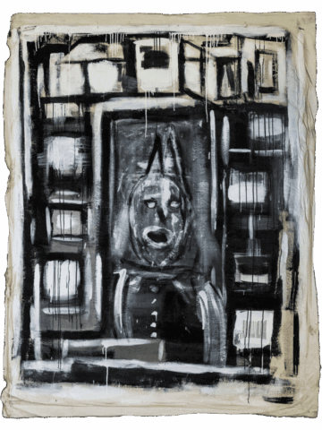Dipinto in bianco e nero con figura centrale scheletrica e dal volto a maschera, incorniciata da una struttura architettonica fatta di riquadri e colature, come un altare oscuro o una gabbia.