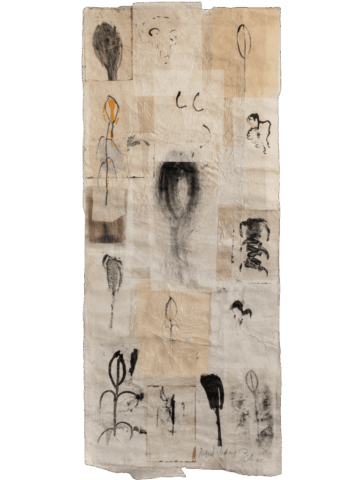 Lungo collage verticale di carte chiare con piccoli disegni sparsi: vulve sfumate, falli stilizzati, fiori erotici e segni calligrafici neri, con un grande ovale scuro centrale.