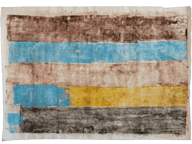 Tela orizzontale con cinque grandi bande cromatiche sovrapposte: marrone, azzurro, beige-rosato, azzurro con inserto giallo e infine una fascia grigio-nera, tutte con superficie ruvida e consumata.