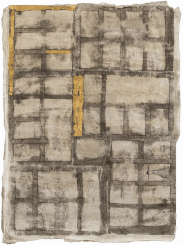 Grande foglio chiaro con una griglia irregolare di rettangoli grigi delimitati da spesse linee scure, interrotti qua e là da piccole strisce verticali in foglia d’oro e da minuscoli disegni schematici.