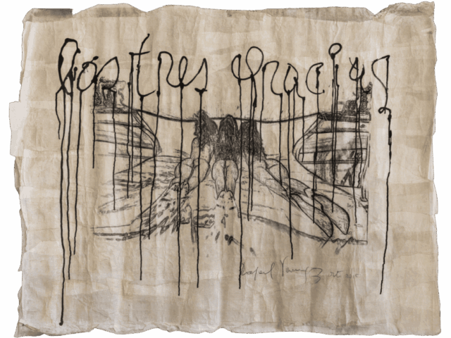 Disegno su carta chiara con una scena erotica centrale in bianco e nero, simile a un corpo disteso su un letto, attraversata in alto dalla scritta “postres gracias” in nero colante che scende in lunghe gocce verticali.