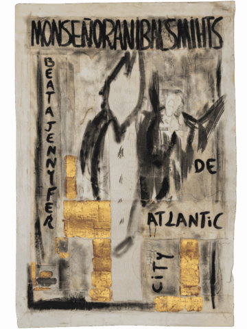 Dipinto verticale con scritte nere “MONSEÑOR ANIBAL SMITHS” in alto e “BEATA JENNYFER DE ATLANTIC CITY” attorno a una figura centrale abbozzata, circondata da blocchi irregolari di foglia d’oro.