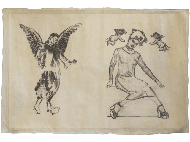 Grande disegno orizzontale su fondo chiaro con a sinistra un angelo dalle grandi ali, in piedi su rotelle, e a destra una donna seduta in abito attillato e zeppe, circondata da due piccoli putti volanti.