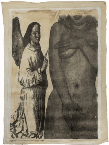 Disegno in bianco e nero che accosta a sinistra un angelo tradizionale con ali spiegate e veste lunga, e a destra un grande nudo femminile visto di fronte, con un braccio che copre il seno e il resto del corpo esposto.