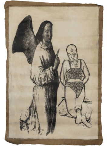 Disegno in bianco e nero con un angelo dall’ala spiegata che indica verso una figura femminile inginocchiata, legata e vestita solo con reggiseno e slip, su fondo chiaro bordato di marrone.