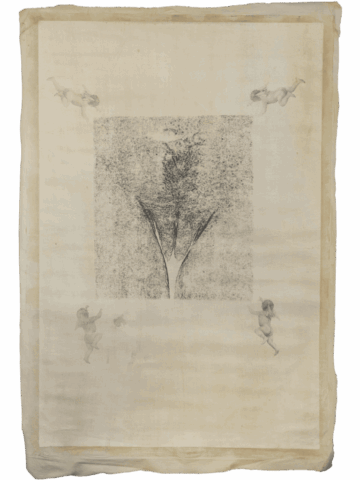Grande disegno su carta chiara con al centro una forma verticale che ricorda un albero‑vulva stilizzato, circondata ai quattro angoli da piccoli putti nudi in volo, come un annuncio sacro erotizzato.