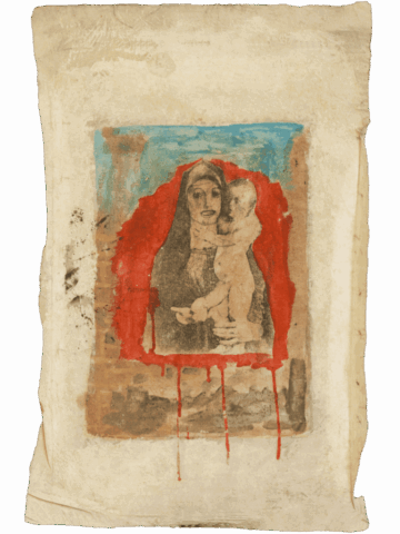 Immagine di Madonna con bambino in stile antico, stampata al centro di un foglio ingiallito e incorniciata da una macchia rossa colante e da un cielo azzurro dietro le figure.