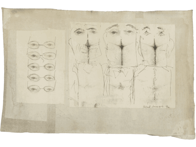 Ampio foglio chiaro con, a destra, tre figure maschili in giacca e cravatta i cui volti sono sostituiti da natiche e fessura anale, e a sinistra una colonna di sei paia di occhiali vuoti disegnati a matita.
