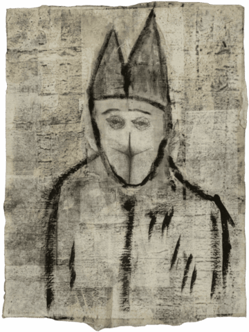 Figura di papa stilizzato in bianco e nero, con grande mitra a due punte e volto ridotto a una vulva verticale con occhi sopra, su fondo testurizzato grigiastro.