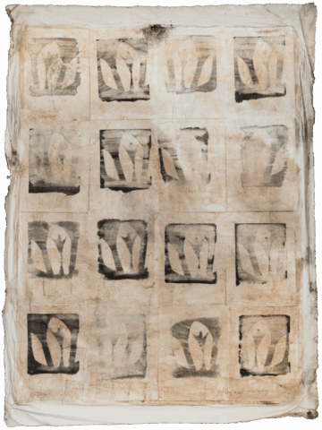 Grande foglio chiaro con una griglia di quindici riquadri in toni seppia, ciascuno contenente la stessa forma scura stilizzata che ricorda una vulva o un fiore aperto, stampata in modo irregolare.