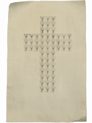 Grande foglio chiaro con al centro una croce composta da piccole impronte triangolari grigie, ognuna simile a un pube femminile stilizzato, disposte in modo regolare.