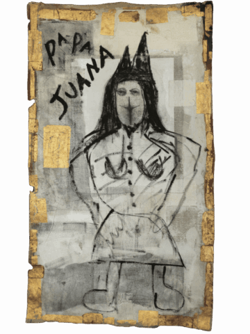 Figura femminile stilizzata in piedi con mitra papale nera, seni scoperti e gonna, circondata da una cornice irregolare di foglia oro, con la scritta “PAPA JUANA” in alto a sinistra.