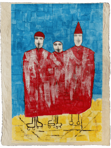 Tre figure cardinalizie in tonaca rossa su sfondo blu acceso, con volti bianchi ridotti a fessure verticali nere e piedi disegnati come rotelle sopra un pavimento giallo.