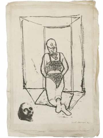 Disegno in bianco e nero di una figura inginocchiata in lingerie all’interno di una sorta di cabina prospettica, con una piccola testa di statua o teschio posata nell’angolo in basso a sinistra.