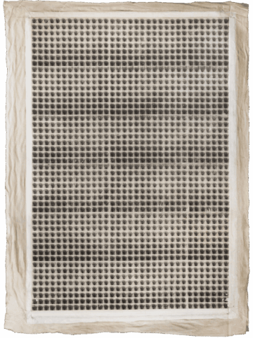 Grande rettangolo centrale composto da migliaia di piccole caselle bianche e nere, ognuna con una minuscola impronta triangolare simile a un pube femminile, formando un fitto tappeto grafico su tela chiara.