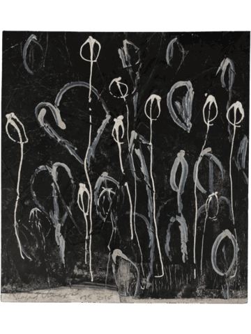 Dipinto su fondo nero in cui si staglia un fitto campo di steli bianchi e grigi, terminanti in forme ovoidali aperte, disposte come un bosco notturno di vulve stilizzate illuminate.