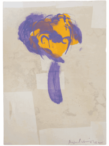 Macchia astratta su fondo chiaro che ricorda un fiore o una testa: una forma tondeggiante arancione circondata da pennellate viola, da cui scende uno stelo verticale viola verso il basso.