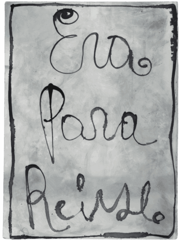 Scritta calligrafica nera “Era para reírse” su fondo grigio argenteo velato, racchiusa da una cornice dipinta a mano, con una grande lettera iniziale che incorpora un occhio stilizzato.
