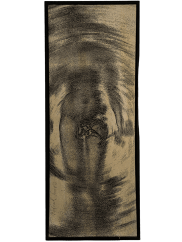 Figura umana verticale appena riconoscibile, dissolta in vortici di puntini neri su fondo beige, concentrati attorno a un nucleo centrale che ricorda un sesso femminile o una ferita.