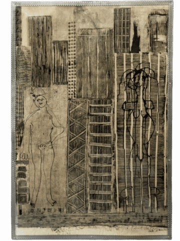 Composizione verticale con skyline di grattacieli incisi in nero su fondo beige; a sinistra una figura nuda maschile stilizzata, a destra una doppia figura intrecciata, come Adamo ed Eva fusi, entrambe inserite tra le architetture.